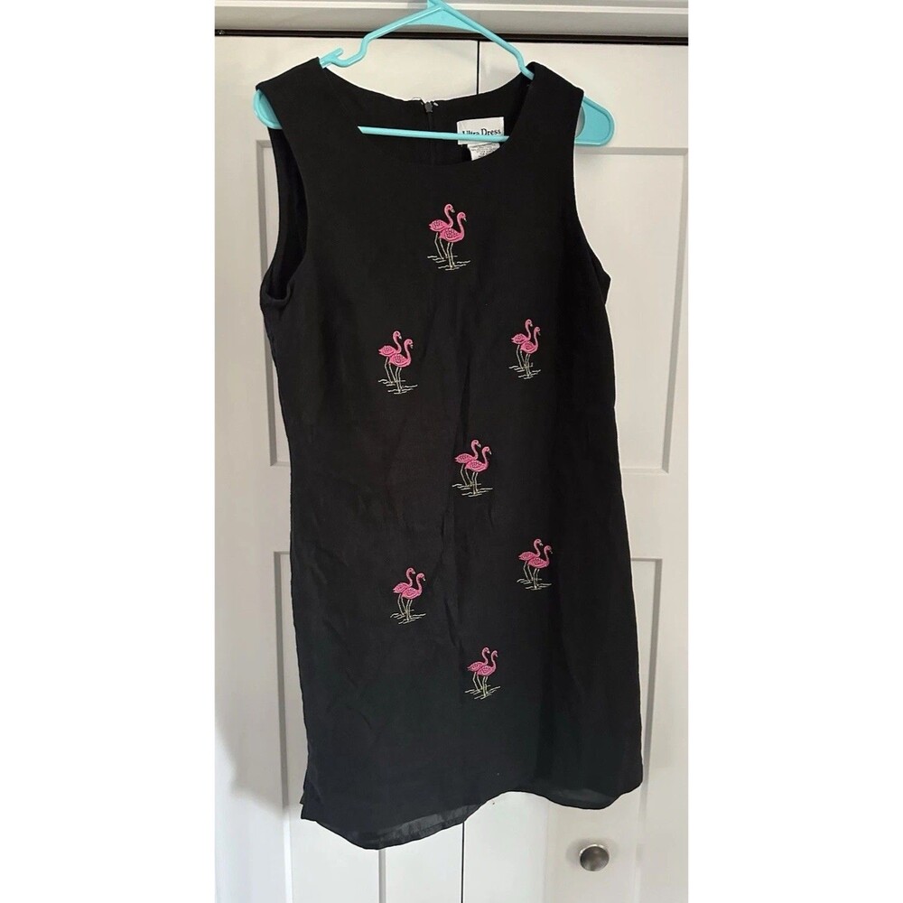 Ultra Dress Embroidered flamingos black Linen Blend Dress Womens 12 VTG